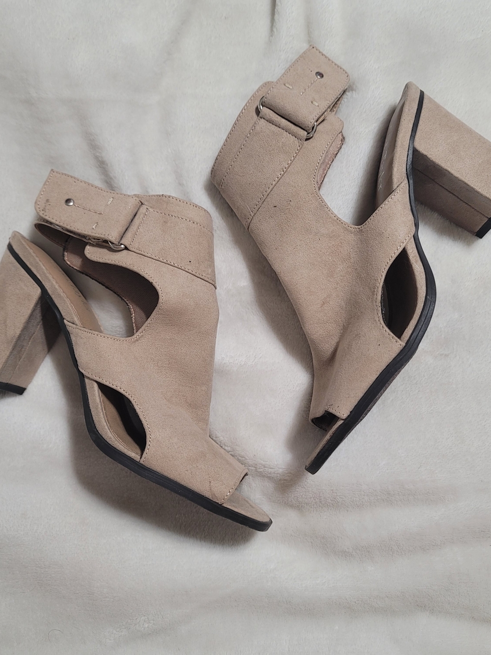 Women’s Taupe Suede Cutout Ankle Booties with Block Heel